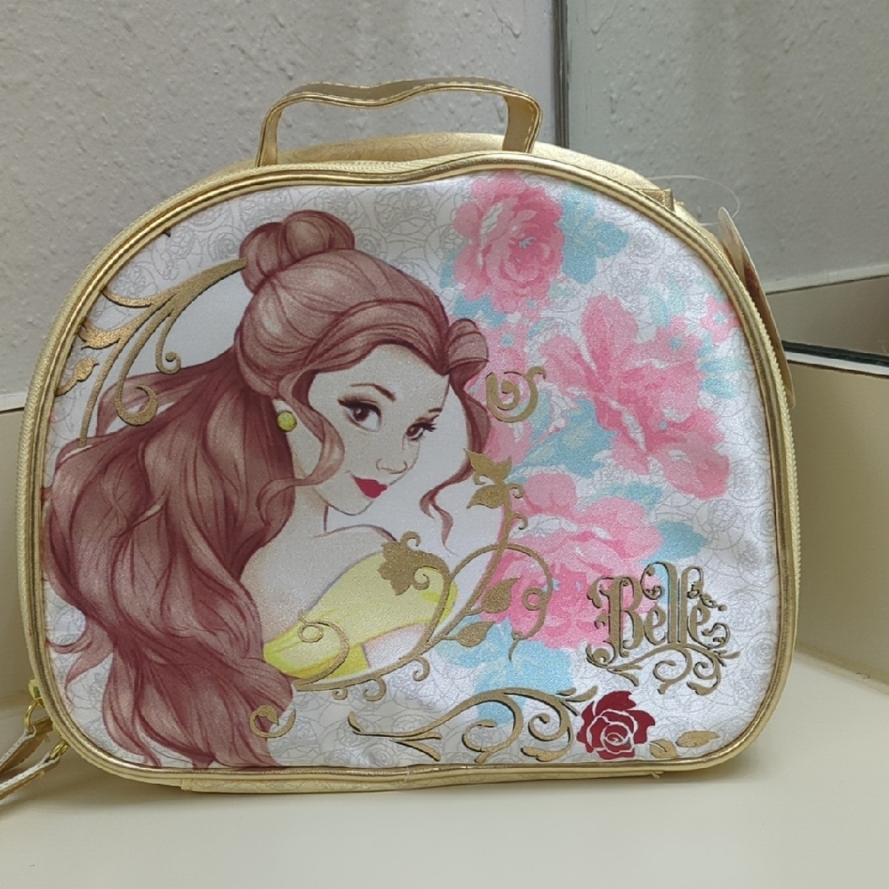 Gold and Pink Cosmetic Bag with Glossy Finish and Whimsical Design